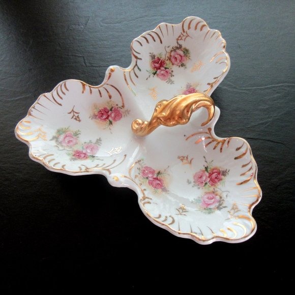 White porcelain gold trimmed 3 section candy or bon bon dish -lavender roses - Picture 2 of 10